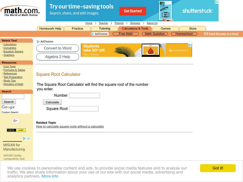 Math.com: Square Root Calculator Unit Plan
