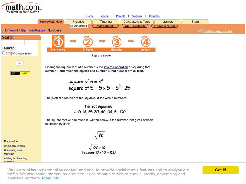 Math.com: Numbers: Square Roots Unit Plan