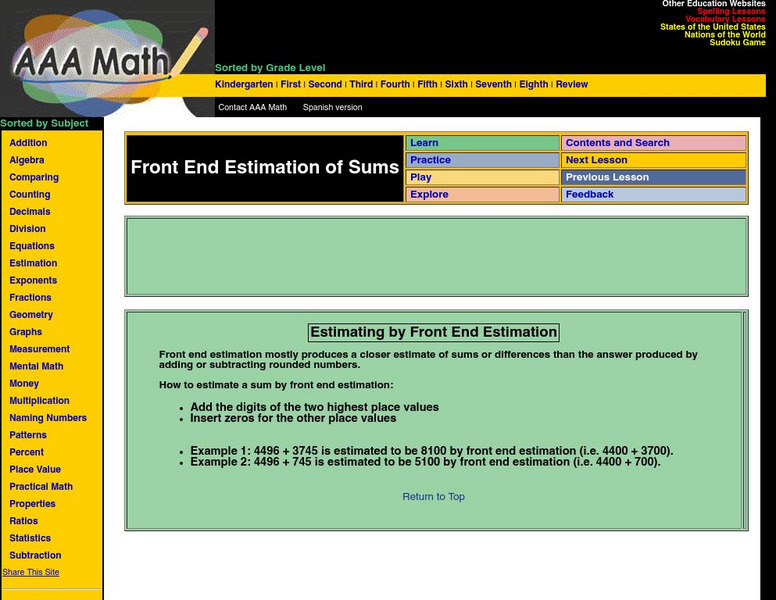 Aaa Math: Front End Estimation of Sums Unit Plan Aaa Math: Front End Estimation of Sums Unit Plan