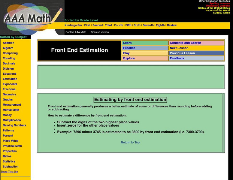 Aaa Math: Front End Estimation: Differences Unit Plan Aaa Math: Front End Estimation: Differences Unit Plan