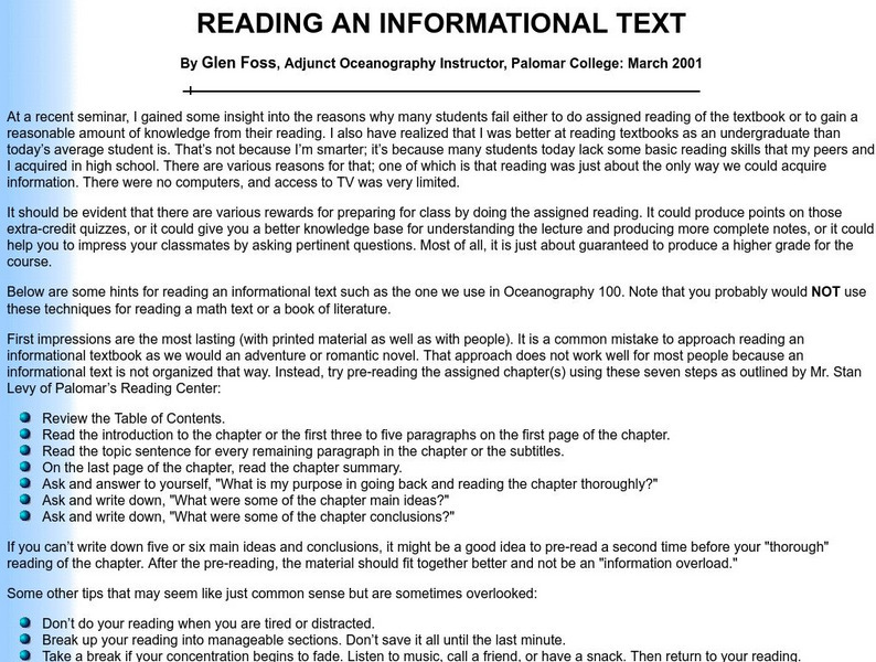 Palomar College: Reading an Informational Text Website Palomar College: Reading an Informational Text Website