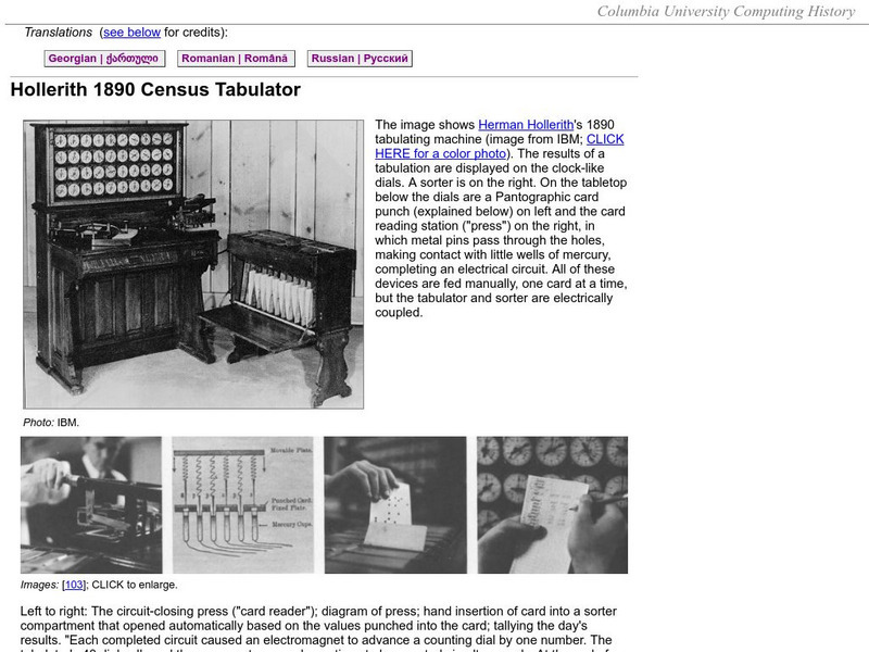 Columbia University Computing H Istory: Hollerith 1890 Census Tabulator Graphic Columbia University Computing H Istory: Hollerith 1890 Census Tabulator Graphic