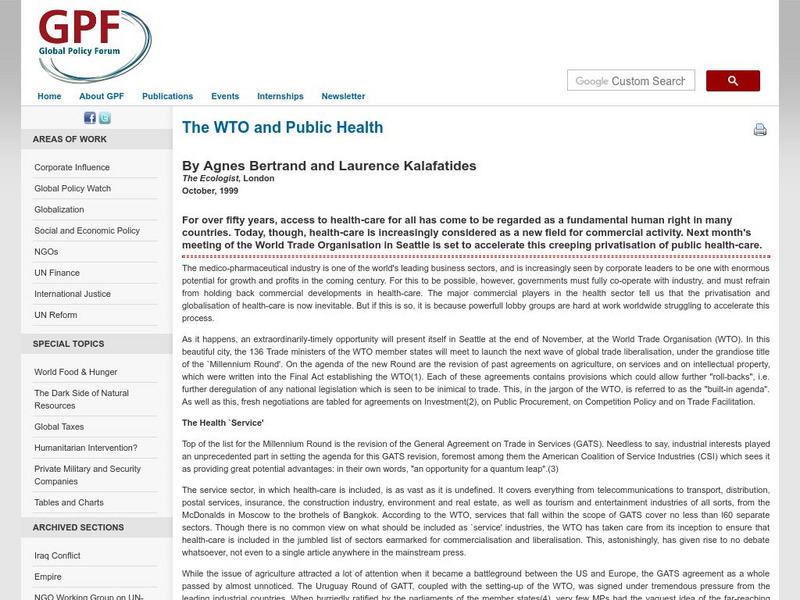 Global Policy Forum: The Wto and Public Health Article