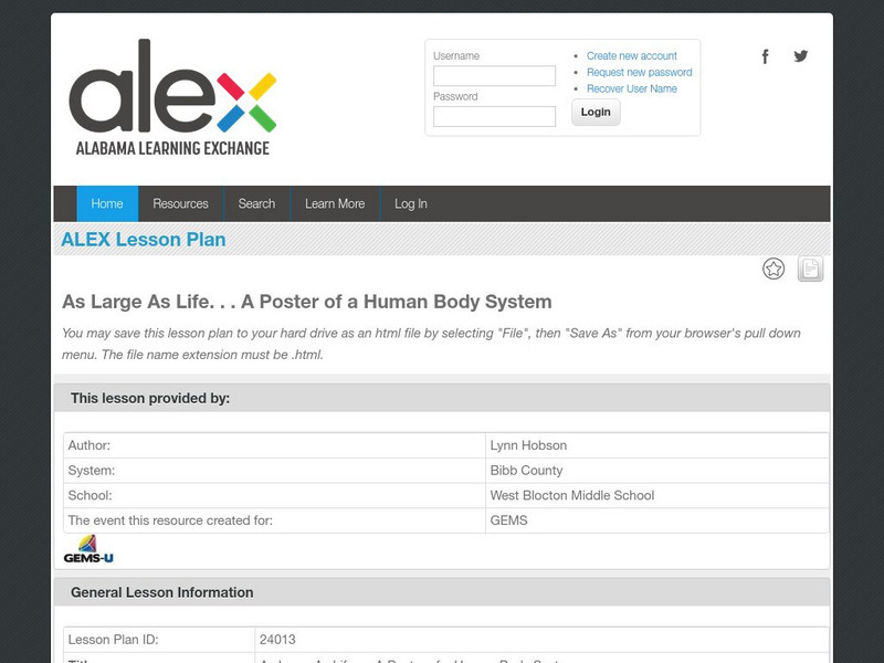 Alex: As Large as Life a Poster of a Human Body System Lesson Plan Alex: As Large as Life a Poster of a Human Body System Lesson Plan