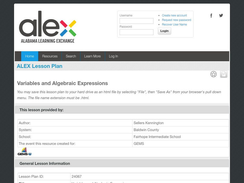 Alex: Variables and Algebraic Expressions Lesson Plan