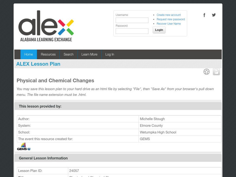 Alex: Physical and Chemical Changes Lesson Plan Alex: Physical and Chemical Changes Lesson Plan