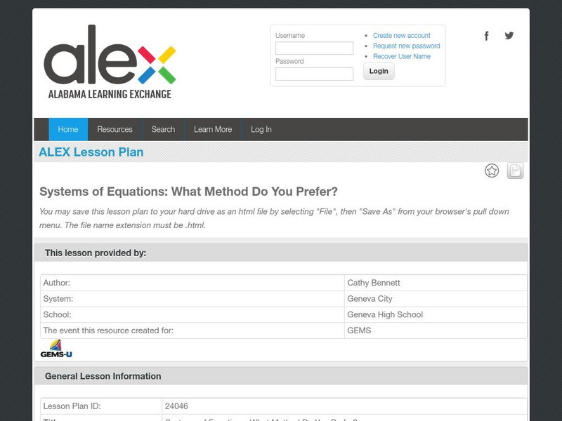 Alex: Systems of Equations: What Method Do You Prefer? Lesson Plan Alex: Systems of Equations: What Method Do You Prefer? Lesson Plan