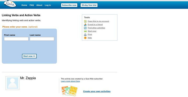 Quia: Linking Verbs and Action Verbs Unknown Type Quia: Linking Verbs and Action Verbs Unknown Type