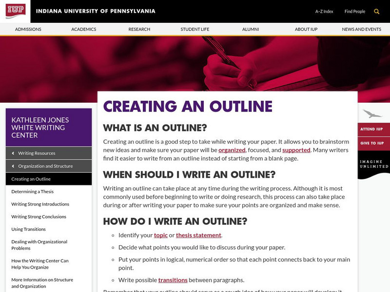 Indiana University of Pennsylvania: Writing Center: Creating an Outline Handout Indiana University of Pennsylvania: Writing Center: Creating an Outline Handout