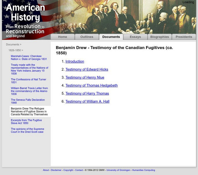 American History: Documents: Benjamin Drew: Testimony of the Canadian Fugitives Primary American History: Documents: Benjamin Drew: Testimony of the Canadian Fugitives Primary