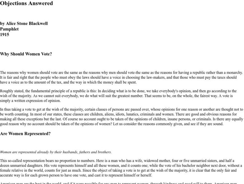 D Archives: Alice Stone Blackwell, Objections Answered Primary D Archives: Alice Stone Blackwell, Objections Answered Primary
