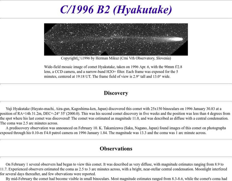 Cometography.com: C/1996 B2 (Hyakutake) Handout Cometography.com: C/1996 B2 (Hyakutake) Handout