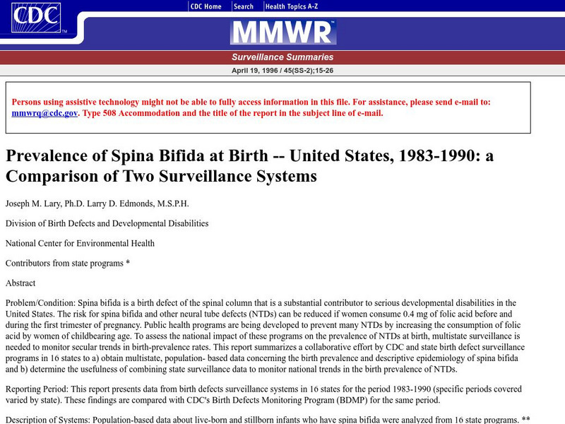 Centers for Disease Control: Spina Bifida Incidence at Birth u.s., 1983 1990 Handout Centers for Disease Control: Spina Bifida Incidence at Birth u.s., 1983 1990 Handout