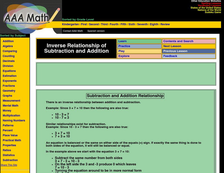 Aaa Math: Inverse Relationship of Subtraction and Addition Activity Aaa Math: Inverse Relationship of Subtraction and Addition Activity