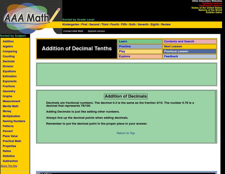 Aaa Math: Addition of Decimal Tenths Interactive Aaa Math: Addition of Decimal Tenths Interactive