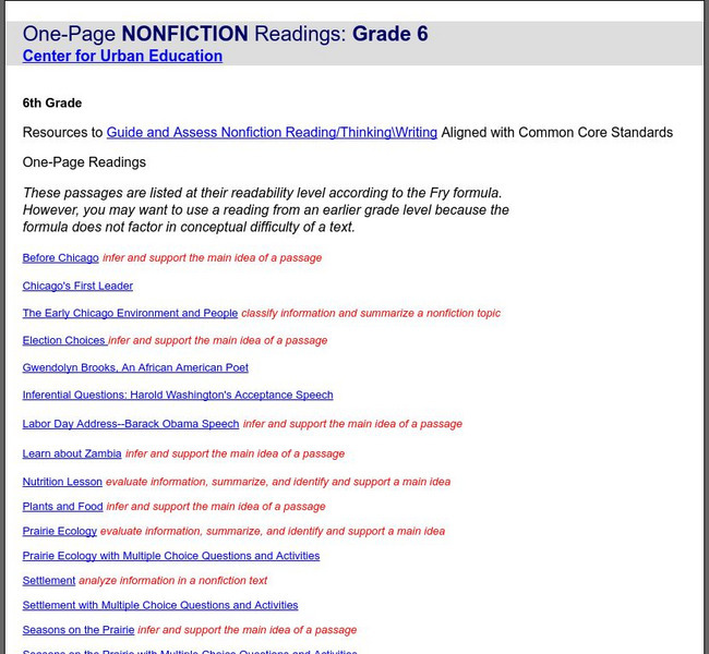 De Paul University: Center for Urban Education: One Page Nonfiction Readings: Grade 6 Unknown Type De Paul University: Center for Urban Education: One Page Nonfiction Readings: Grade 6 Unknown Type