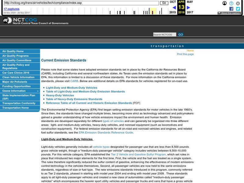 North Central Texas Council of Governments: Current Emission Standards Website North Central Texas Council of Governments: Current Emission Standards Website