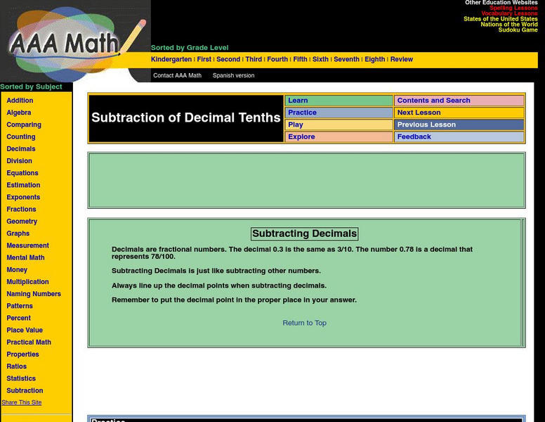 Aaa Math: Subtraction of Decimal Tenths Activity Aaa Math: Subtraction of Decimal Tenths Activity