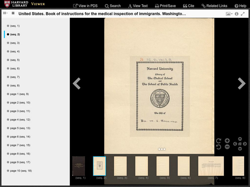 Harvard Univ. Library: Book of Instructions for Medical Inspection of Immigrants Primary Harvard Univ. Library: Book of Instructions for Medical Inspection of Immigrants Primary