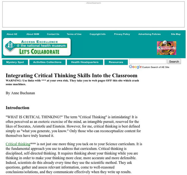 Access Excellence: Integrating Critical Thinking Skills Professional Doc Access Excellence: Integrating Critical Thinking Skills Professional Doc