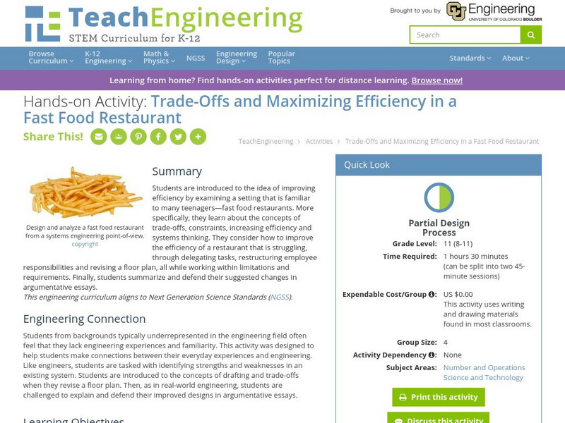 Teach Engineering: Trade Offs and Maximizing Efficiency in a Fast Food Restaurant Activity