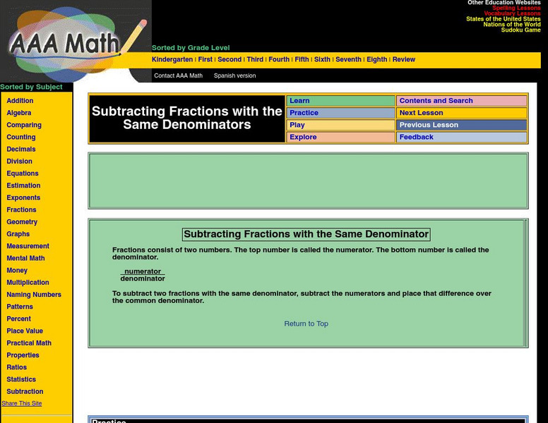 Aaa Math: Subtracting Fractions With the Same Denominator Unit Plan Aaa Math: Subtracting Fractions With the Same Denominator Unit Plan