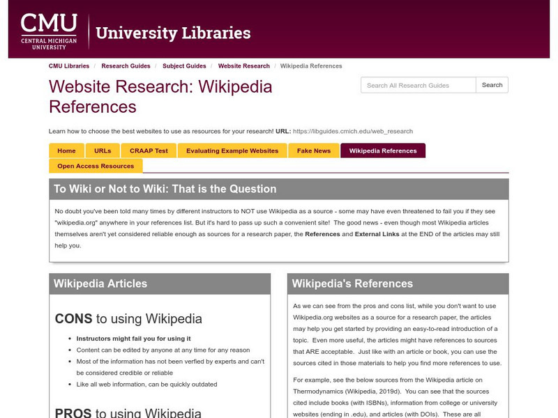 Central Michigan University: Website Research: Wikipedia References Handout Central Michigan University: Website Research: Wikipedia References Handout