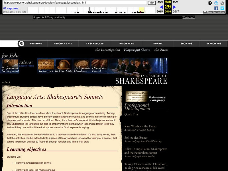 Pbs: Language Arts: Lesson Plans: Language Arts: Shakespeare's Sonnets Lesson Plan Pbs: Language Arts: Lesson Plans: Language Arts: Shakespeare's Sonnets Lesson Plan