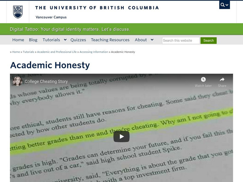 University of British Columbia: Digital Tatoo: Academic Honesty Unit Plan University of British Columbia: Digital Tatoo: Academic Honesty Unit Plan