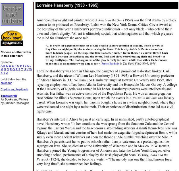 Author's Calendar: Lorraine Hansberry Website Author's Calendar: Lorraine Hansberry Website