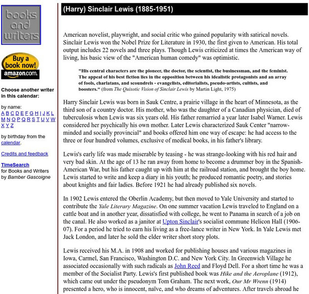 Author's Calendar: (Harry) Sinclair Lewis Website