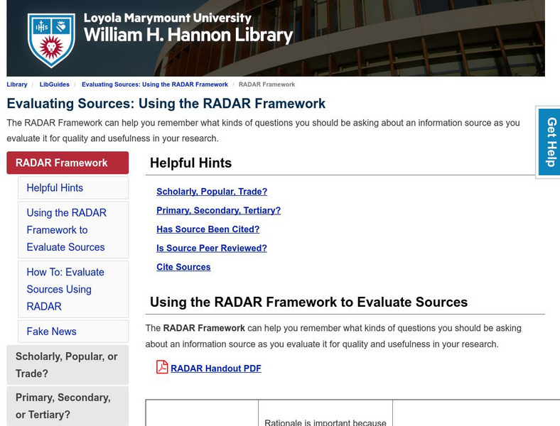 Loyola Marymount University: Evaluating Sources: Using the Radar Framework Handout Loyola Marymount University: Evaluating Sources: Using the Radar Framework Handout