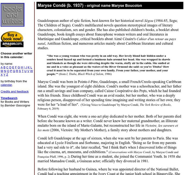 Author's Calendar: Maryse Conde Website Author's Calendar: Maryse Conde Website