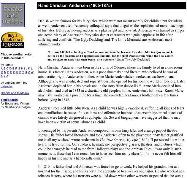 Author's Calendar: Hans Christian Andersen Website