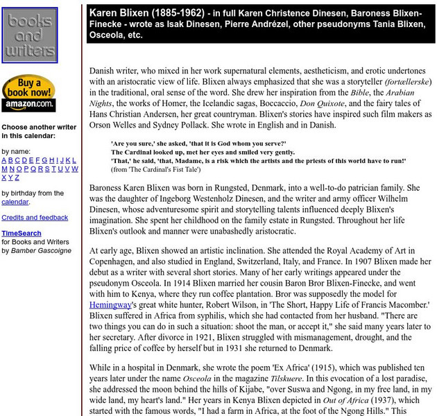 Author's Calendar: Karen Blixen Website Author's Calendar: Karen Blixen Website