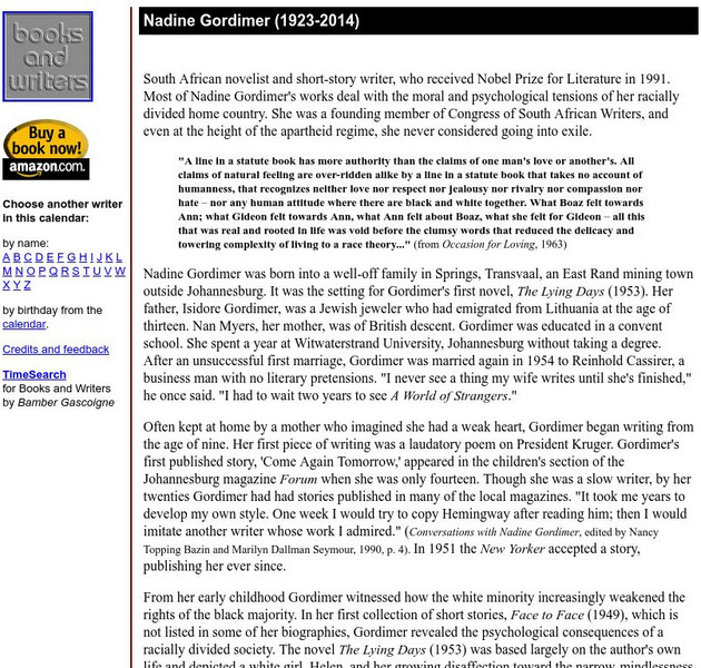 Author's Calendar: Nadine Gordimer Website Author's Calendar: Nadine Gordimer Website