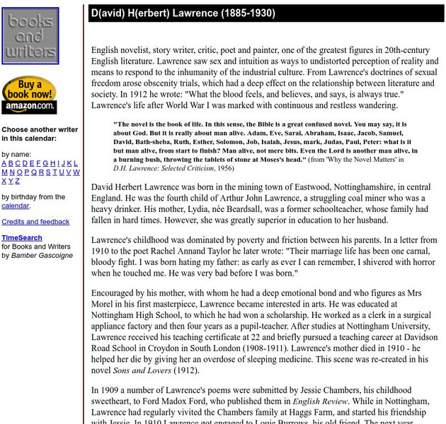 Author's Calendar: D(avid) H(erbert) Lawrence Website Author's Calendar: D(avid) H(erbert) Lawrence Website