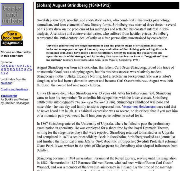 Author's Calendar: (Johan) August Strindberg Handout Author's Calendar: (Johan) August Strindberg Handout