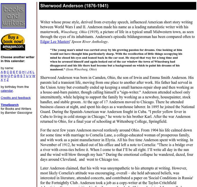 Author's Calendar: Sherwood Anderson Website Author's Calendar: Sherwood Anderson Website