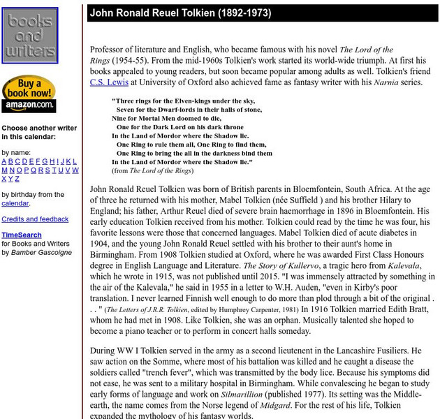 Author's Calendar: John Ronald Reuel Tolkien Website Author's Calendar: John Ronald Reuel Tolkien Website