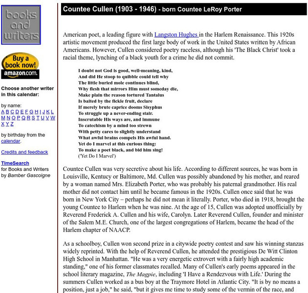 Author's Calendar: Countee Cullen Website Author's Calendar: Countee Cullen Website