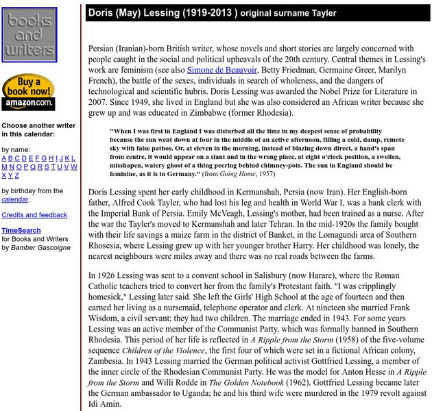 Author's Calendar: Doris Lessing Website Author's Calendar: Doris Lessing Website