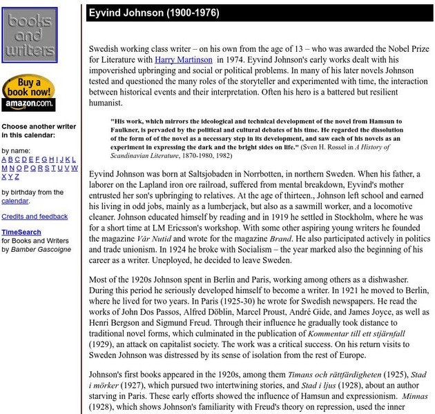 Author's Calendar: Eyvind Johnson Website Author's Calendar: Eyvind Johnson Website