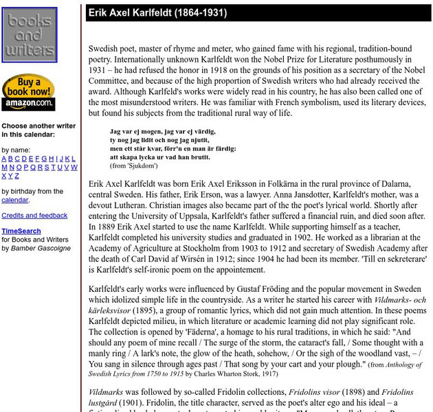 Author's Calendar: Erik Axel Karlfeldt Website