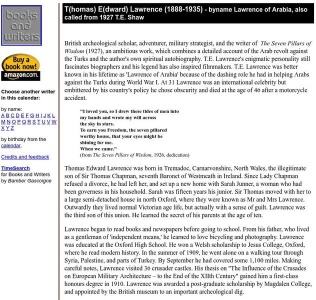 Author's Calendar: T(homas) E(dward) Lawrence Website Author's Calendar: T(homas) E(dward) Lawrence Website