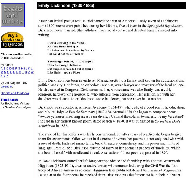 Author's Calendar: Emily Dickinson Website Author's Calendar: Emily Dickinson Website