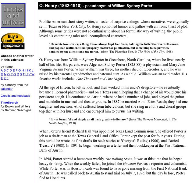 Author's Calendar: O. Henry Website Author's Calendar: O. Henry Website
