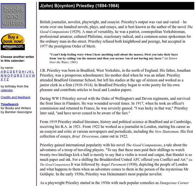 Author's Calendar: J(ohn) B(oynton) Priestley Website