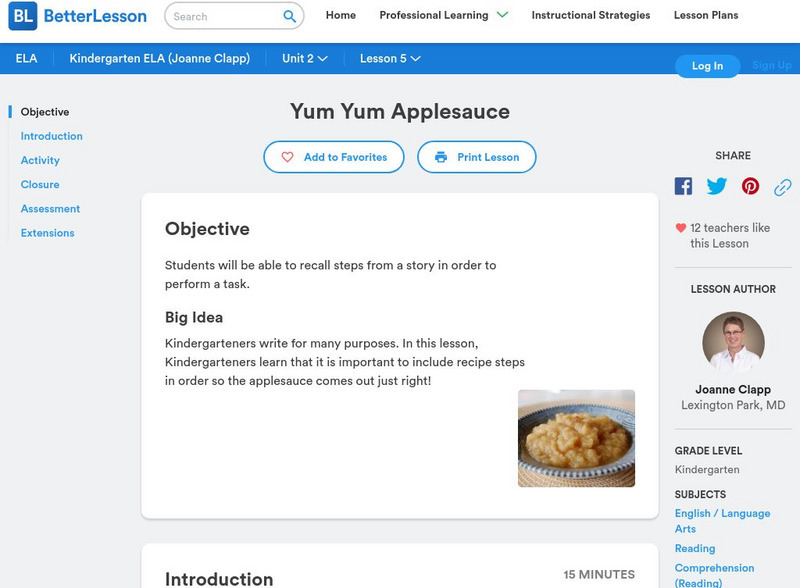 Better Lesson: Yum Yum Applesauce Lesson Plan Better Lesson: Yum Yum Applesauce Lesson Plan