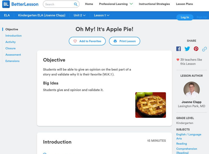Better Lesson: Oh My! It's Apple Pie! Lesson Plan Better Lesson: Oh My! It's Apple Pie! Lesson Plan